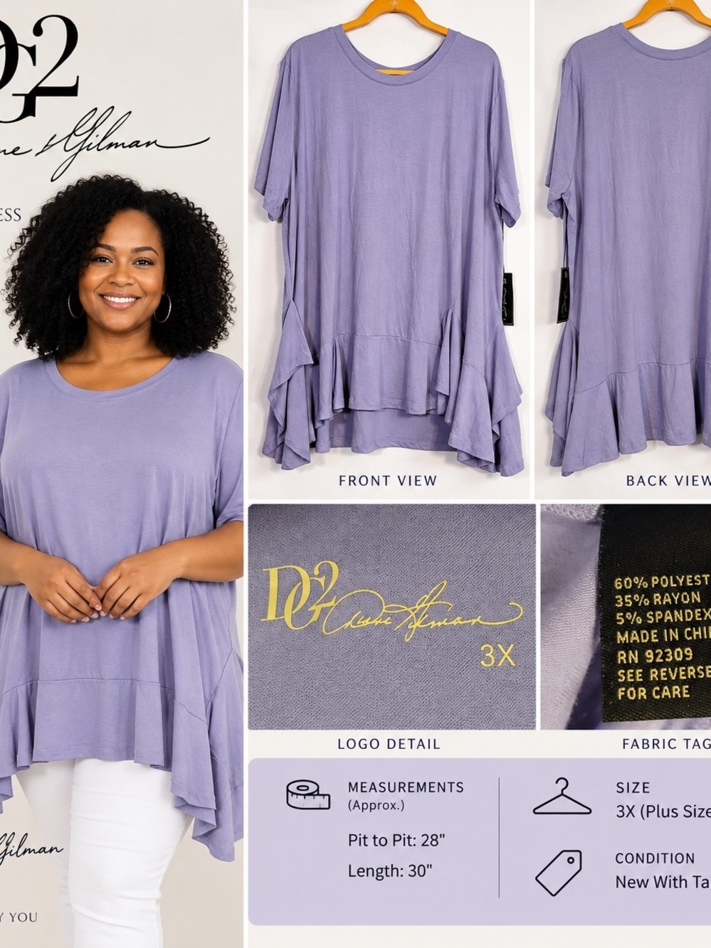 DG2 Diane Gilman 3X Lavender Ruffle Hem Flowy Tunic Top NWT